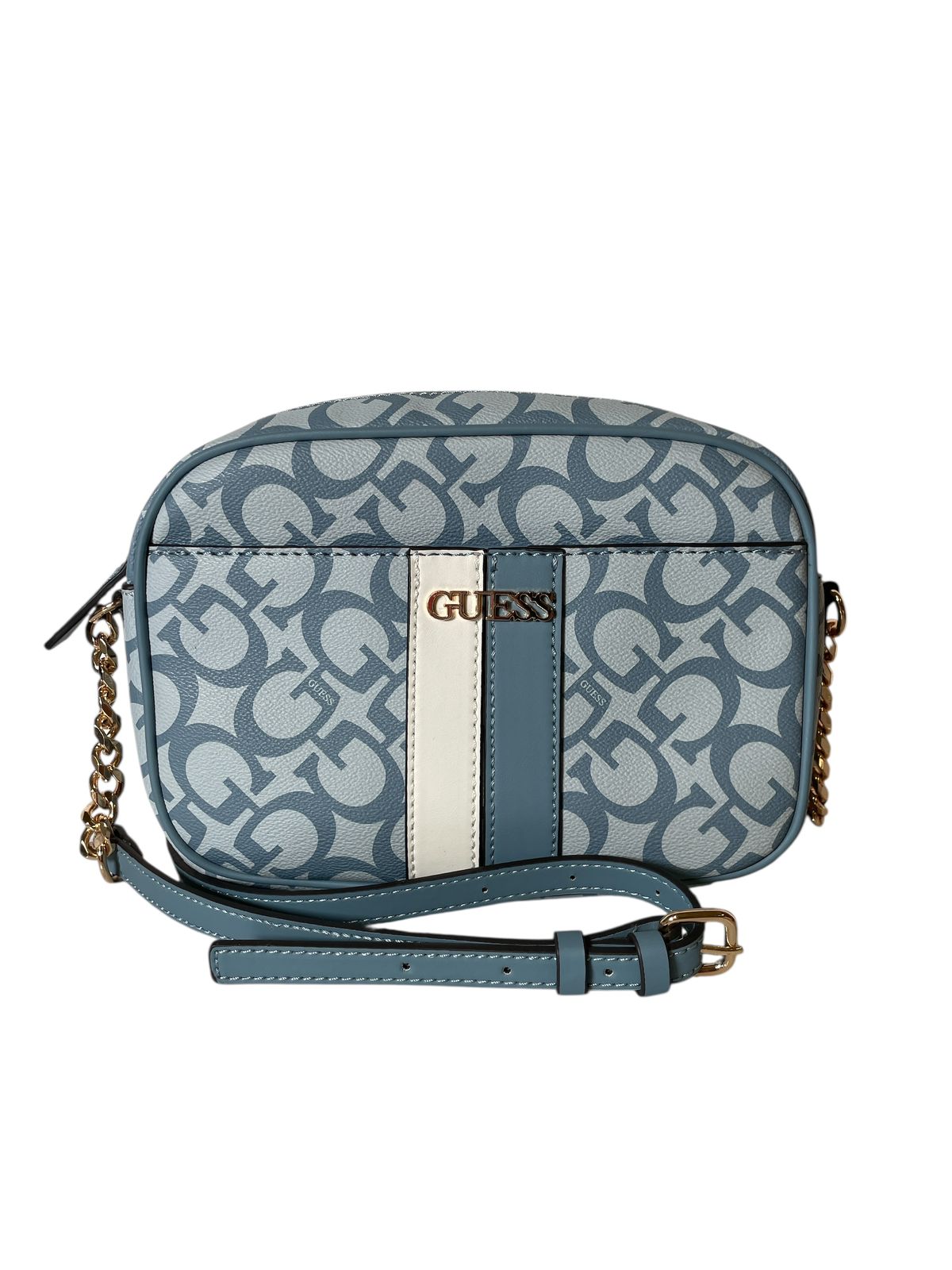 Bolsa GUESS Azul Estilo Camera Bag con Correa de Cadena – Estilo y Funcionalidad